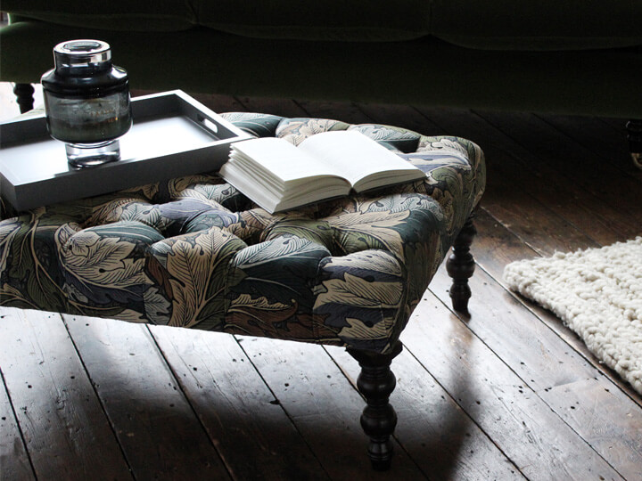 Pentlow Buttoned Footstool in William Morris Acanthus Slate